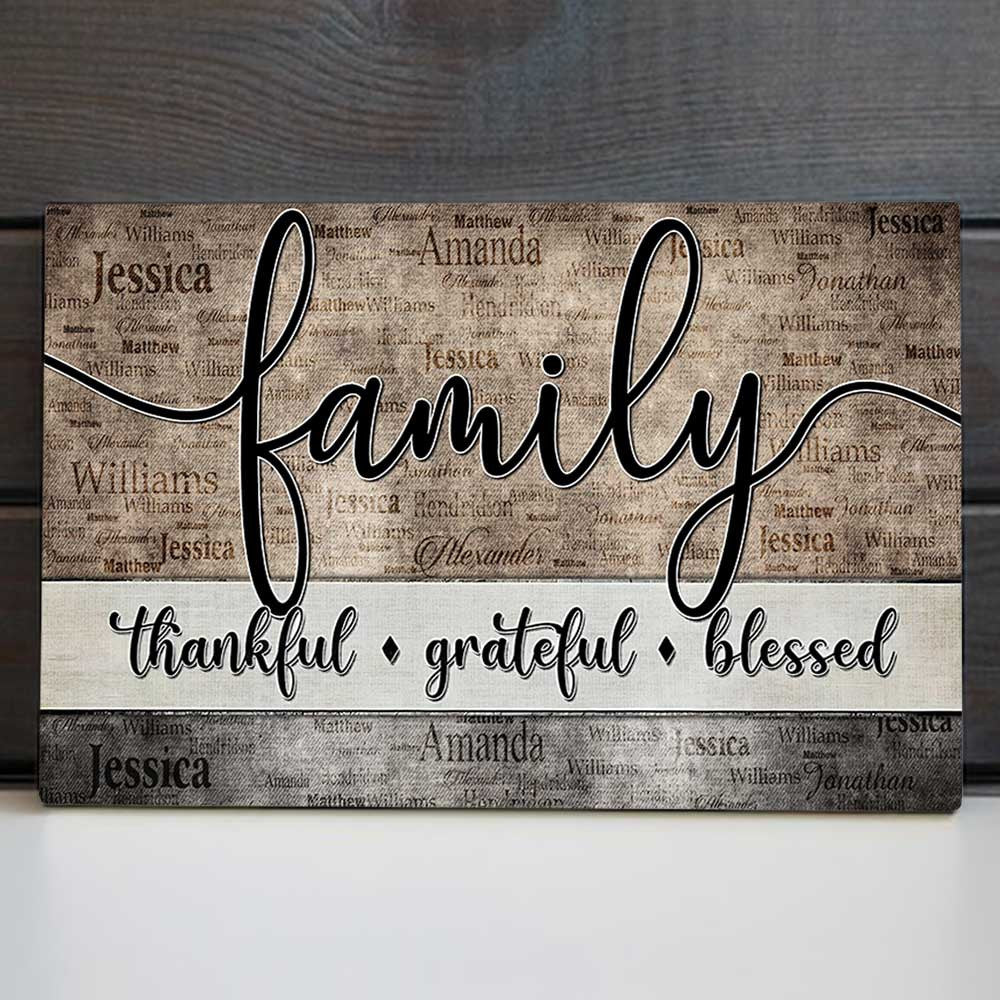 Personalized Family - Thankful, Grateful, Blessed Names On Background Premium Canvas