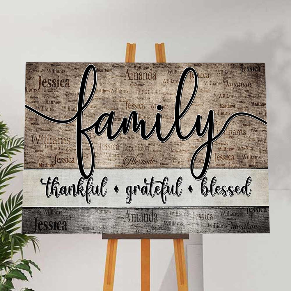Personalized Family - Thankful, Grateful, Blessed Names On Background Premium Canvas
