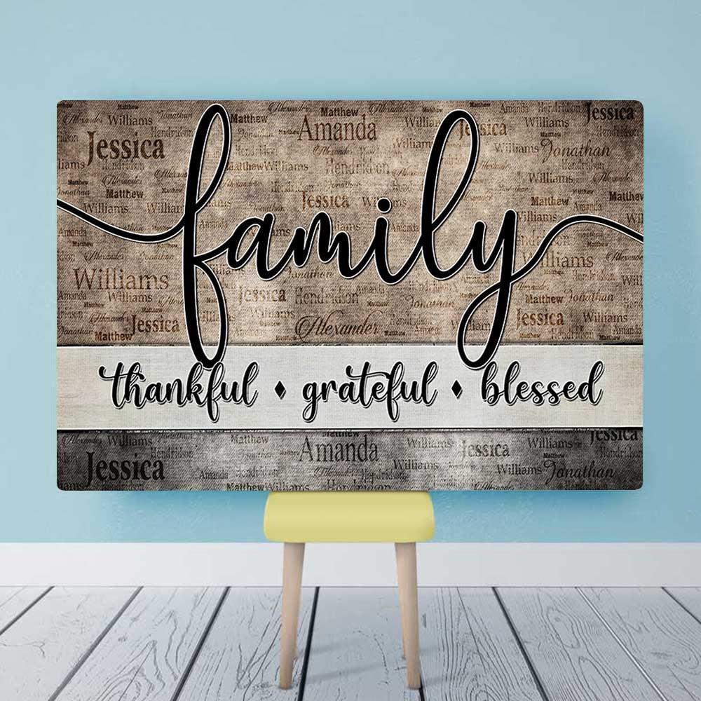 Personalized Family - Thankful, Grateful, Blessed Names On Background Premium Canvas