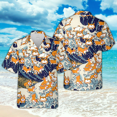 Hawaiian Aloha Shirts Corgi Dog Waves