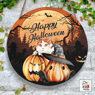 Happy Halloween Cats Round Wood Sign - Halloween Door Sign For Cat Lovers