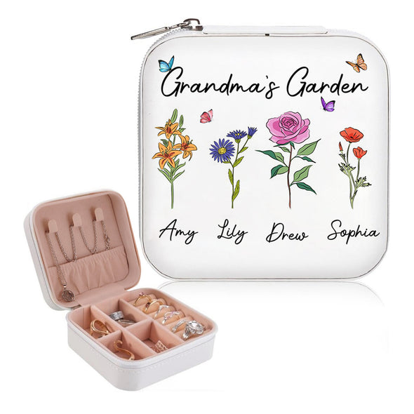 Personalized Mom Grandma's Garden Jewelry Box - Travel Jewelry Case Inspiration Gift For Mom, Bride, Aunt, Friends