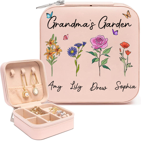 Personalized Mom Grandma's Garden Jewelry Box - Travel Jewelry Case Inspiration Gift For Mom, Bride, Aunt, Friends