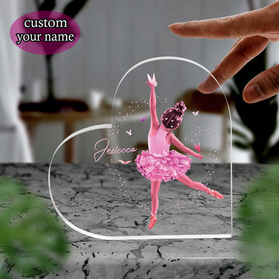 Custom Name Pink Ballerina Girl Heart Shaped Acrylic Plaque