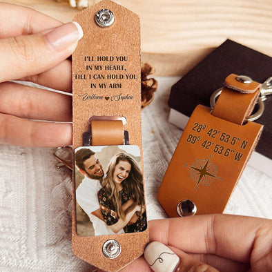 Personalized Compass GPS Love Leather Photo Keychain - For Valentine's Day