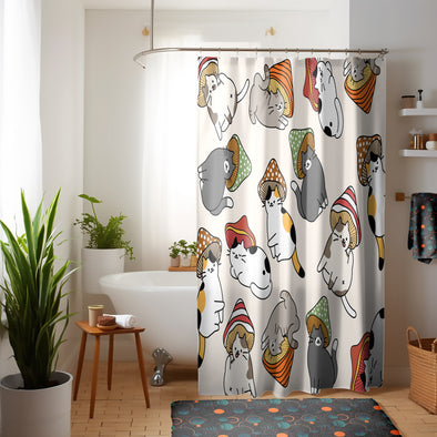 Cute Cat Mushroom Body Shower Curtain Set - Pet Shower Curtain
