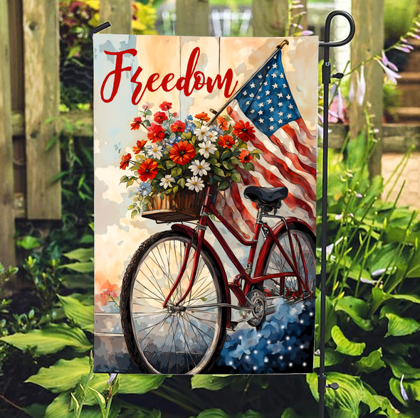 4th Of July Garden Flag - USA Flag Bicycle Floral Red Blue Independence Day Flag