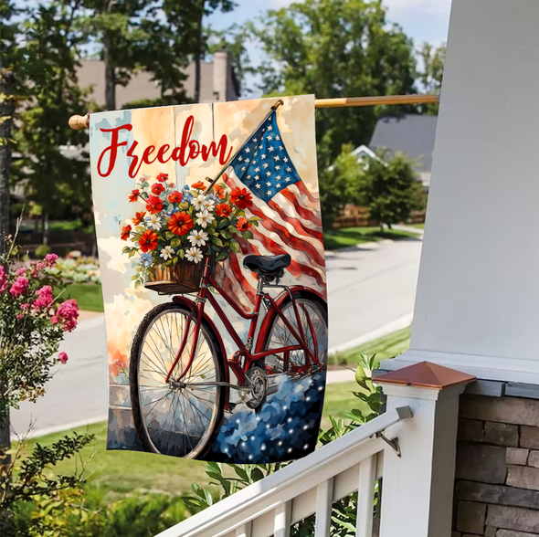 4th Of July Garden Flag - USA Flag Bicycle Floral Red Blue Independence Day Flag