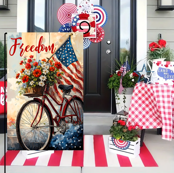 4th Of July Garden Flag - USA Flag Bicycle Floral Red Blue Independence Day Flag