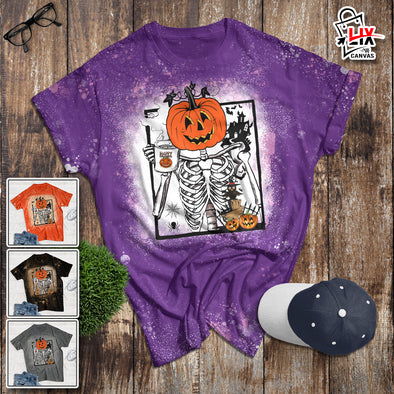 Pumpkin Skeleton Drinking Happy Halloween Bleached T-Shirt