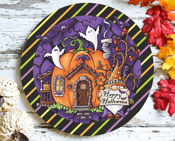 Happy Halloween Cute Ghost House Round Wood Sign - Halloween Door Sign