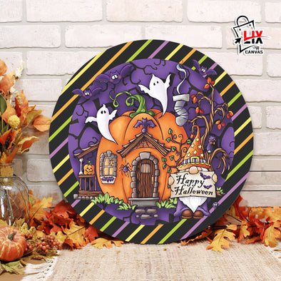 Happy Halloween Cute Ghost House Round Wood Sign - Halloween Door Sign