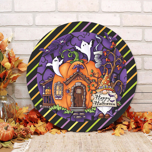 Happy Halloween Cute Ghost House Round Wood Sign - Halloween Door Sign