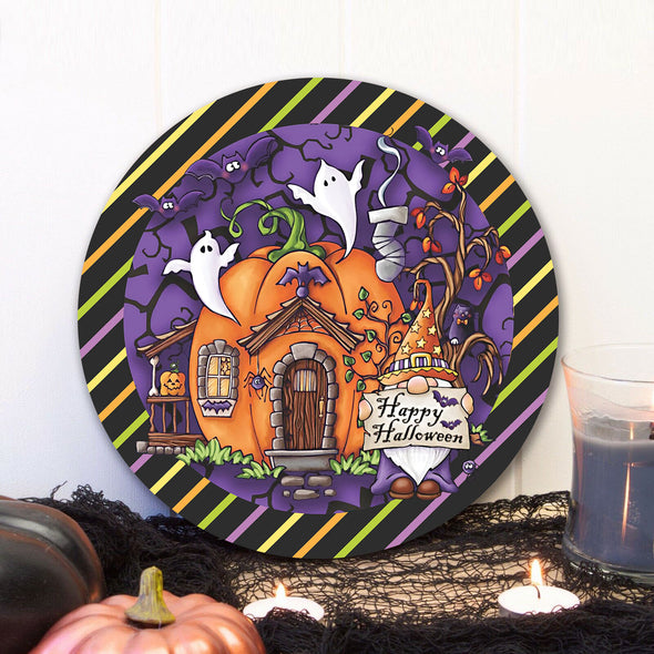 Happy Halloween Cute Ghost House Round Wood Sign - Halloween Door Sign