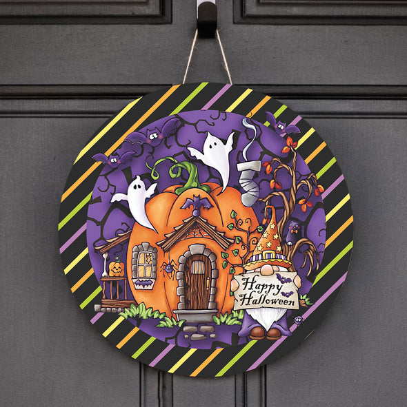 Happy Halloween Cute Ghost House Round Wood Sign - Halloween Door Sign