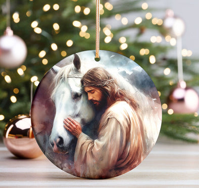 Jesus Hugs Horse Ceramic Ornament - Religous Christian Gift for Horse Lover