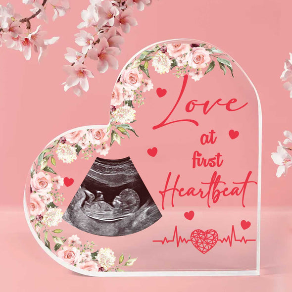 Love At First Heartbeat Heart Shaped Acrylic Plaque - Gift For 1st Father's Day, Mother's Day