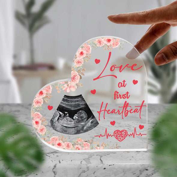 Love At First Heartbeat Heart Shaped Acrylic Plaque - Gift For 1st Father's Day, Mother's Day