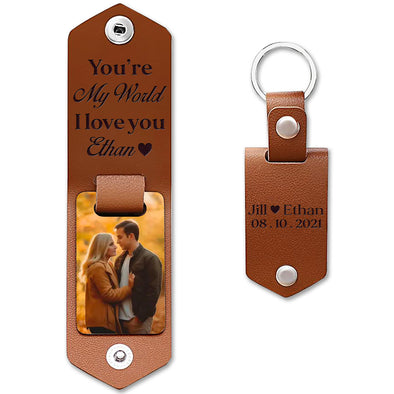 Personalized You're My World I Love You Leather Photo Keychain - Valentine's Day Gift For Him/ Her