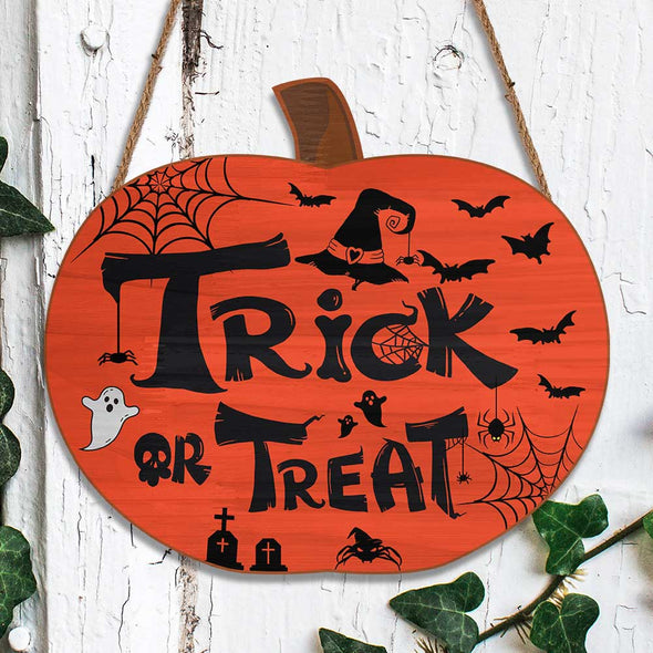 Trick Or Treat Pumpkin Wood Sign - Halloween Door Sign, Welcome Home