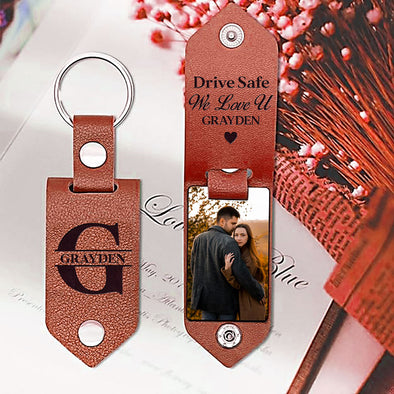 Personalized Drive Safe We Love U Leather Photo Keychain - Valentine's Day Gift For Him/ Her
