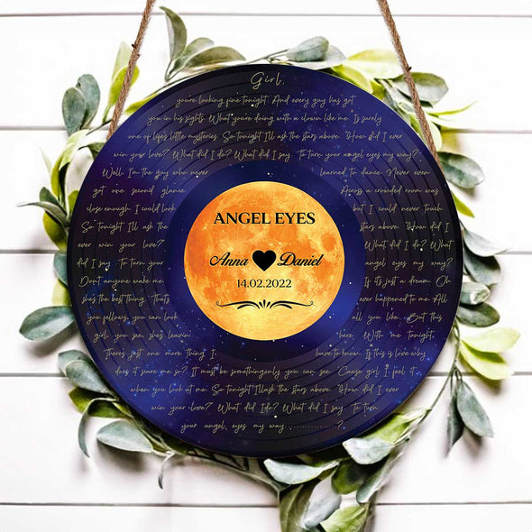 Personalized Love Song Vinyl Record Moon Round Wood Sign