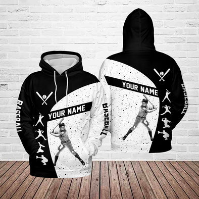 Custom Name Baseball Batting Black & White All-Over Print Hoodie