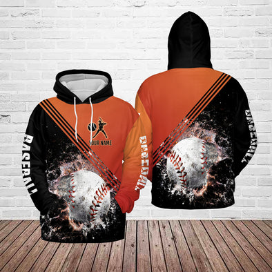 Custom Name Baseball Black & Orange All-Over Print Hoodie