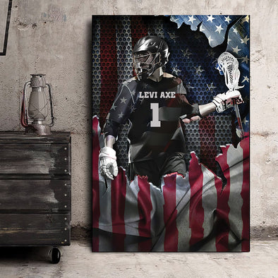 American Flag Lacrosse Custom Name & Number Canvas Wall Art Prints