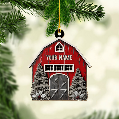 Custom Name Red Barn Farm House Wooden Ornament - Christmas Tree Decorations