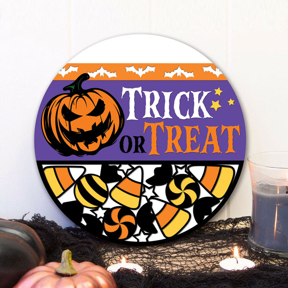 Trick Or Treat Pumpkin Halloween Round Wood Sign - Home Decor, Welcome Home