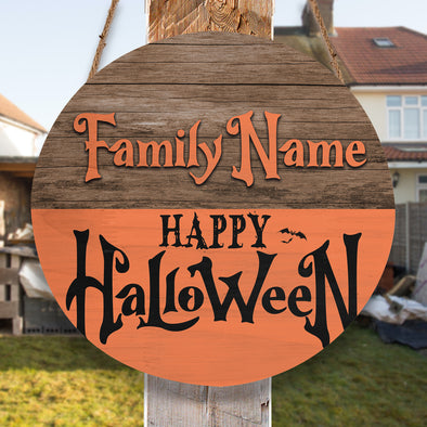 Custom Name Happy Halloween Round Wood Sign - Home Decor
