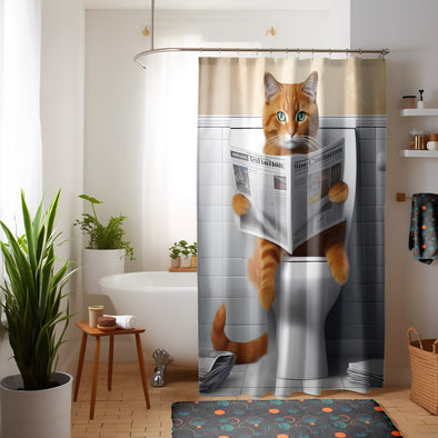 Funny Cat Read Papper Shower Curtain Set - Pet Shower Curtain