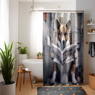 Funny Corgi Read Papper Shower Curtain Set - Pet Shower Curtain