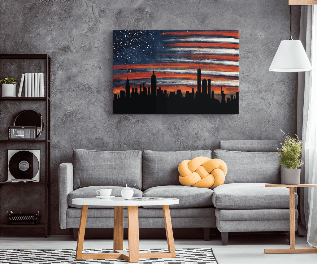Stars And Stripes New York Evening Skyline Premium Canvas