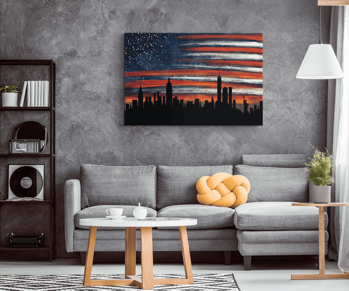 Stars And Stripes New York Evening Skyline Premium Canvas