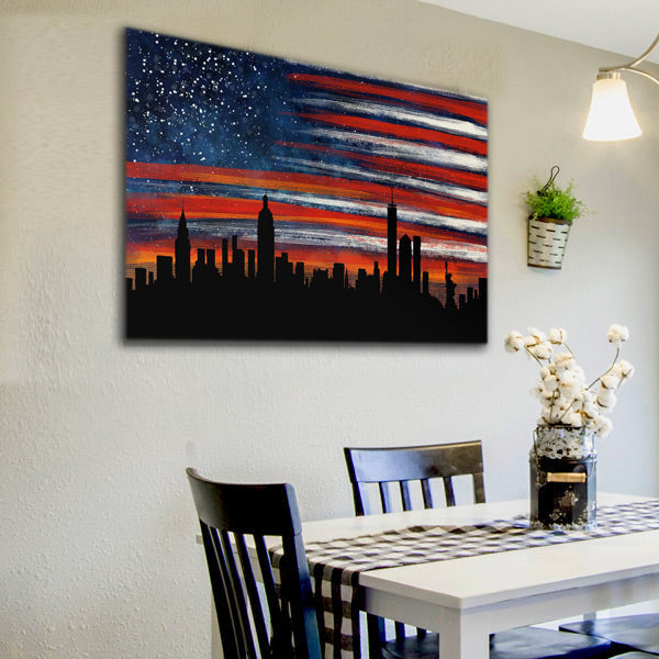 Stars And Stripes New York Evening Skyline Premium Canvas