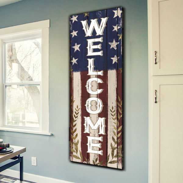 American Welcome Rustic Panoramic Canvas Wall Art – Patriotic Wall Decor