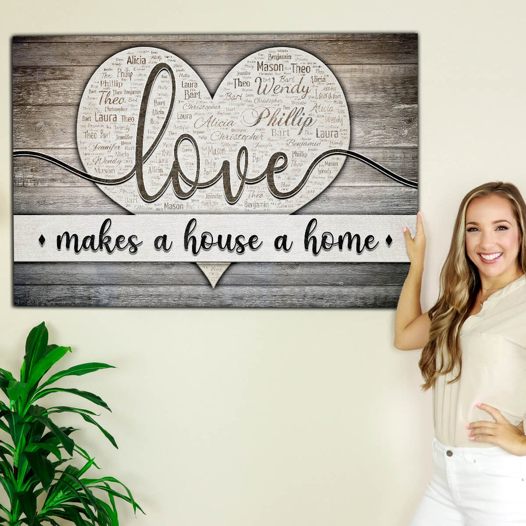 Personalized Love Makes A House A Home Names On Heart Premium Canvas
