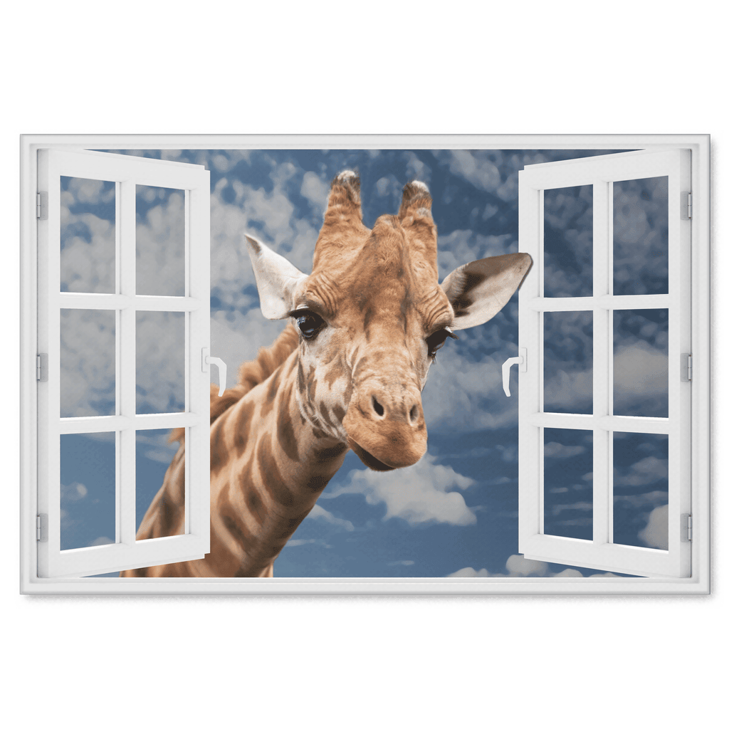 Curious Giraffe At Window Premium Canvas
