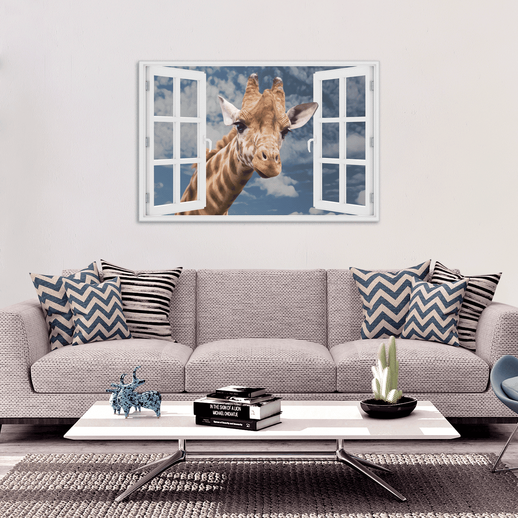 Curious Giraffe At Window Premium Canvas