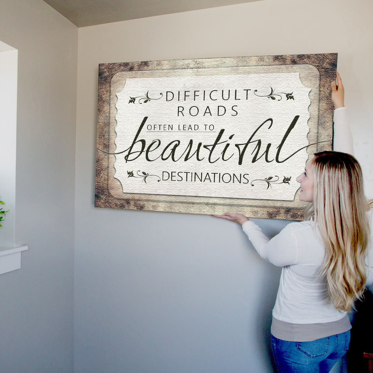 Difficult Roads Lead To Beautiful Destinations Rustic Canvas Wall Art – Motivational Wall Decor