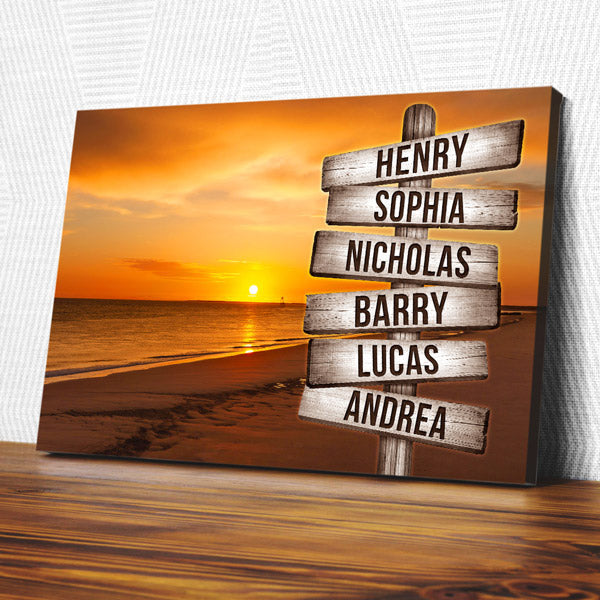 Personalized Sunset Beach - Names On Rustic Sign Premium Canvas