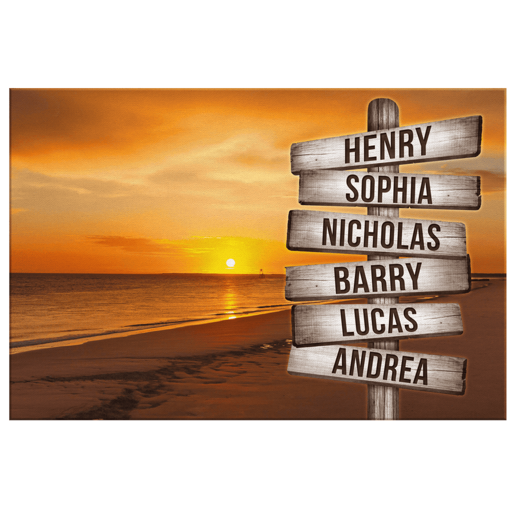 Personalized Sunset Beach - Names On Rustic Sign Premium Canvas