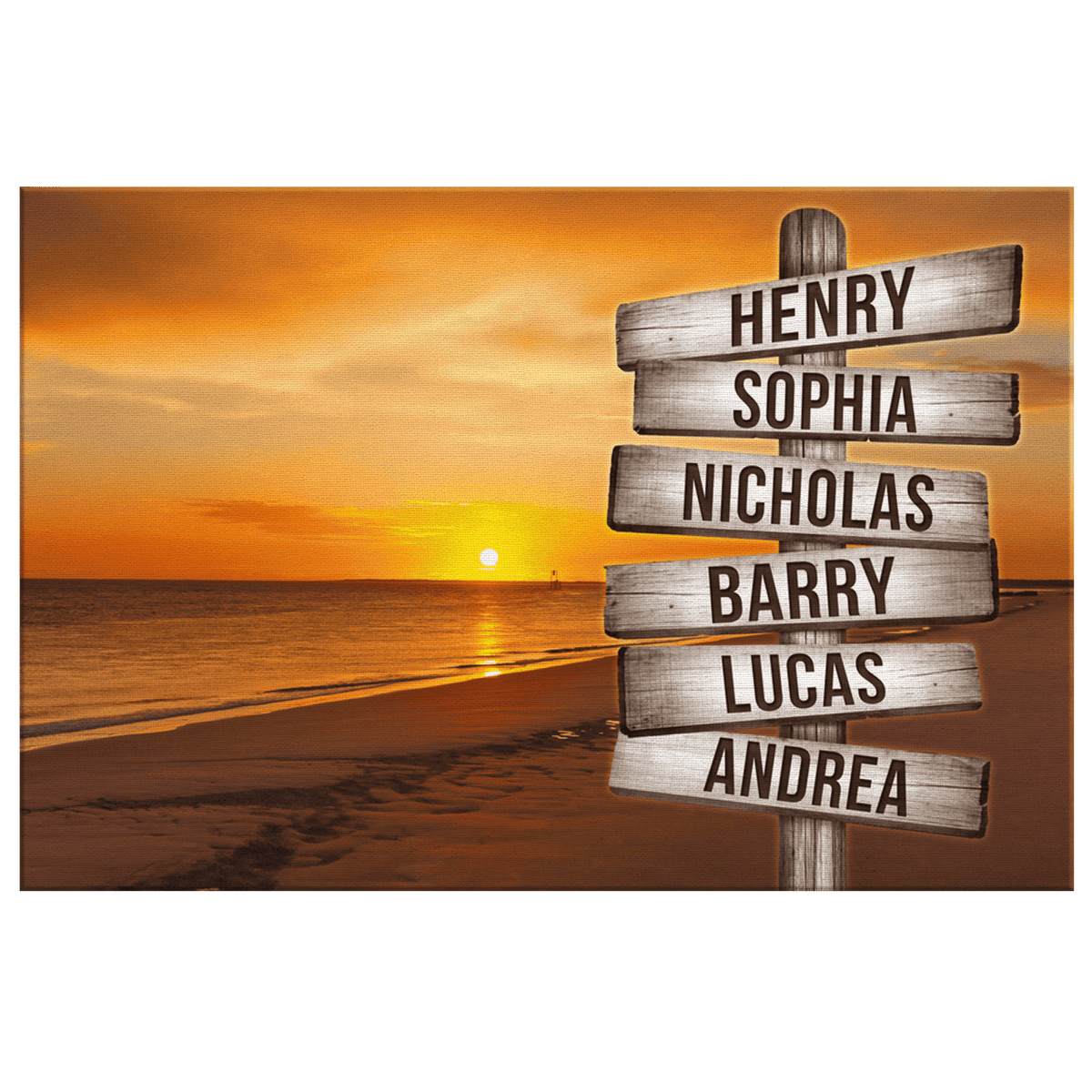 Personalized Sunset Beach - Names On Rustic Sign Premium Canvas
