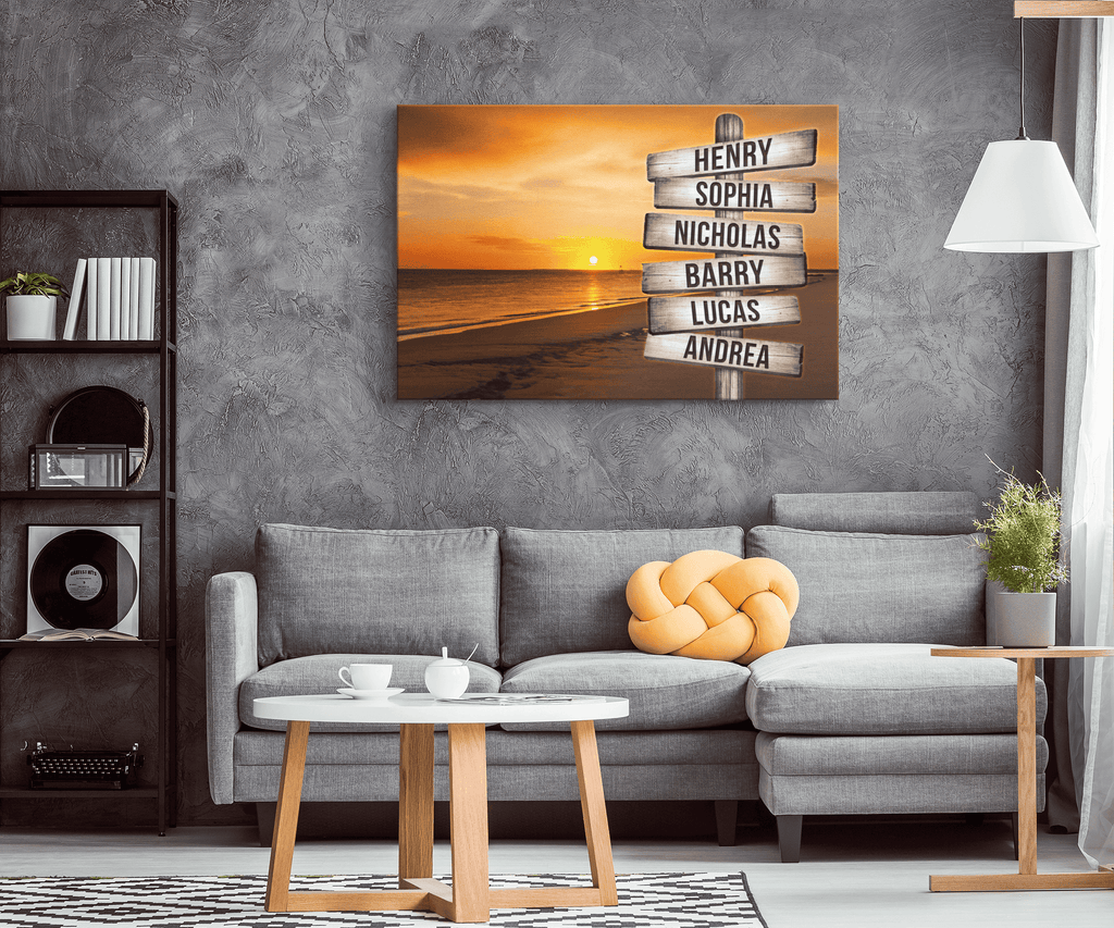 Personalized Sunset Beach - Names On Rustic Sign Premium Canvas