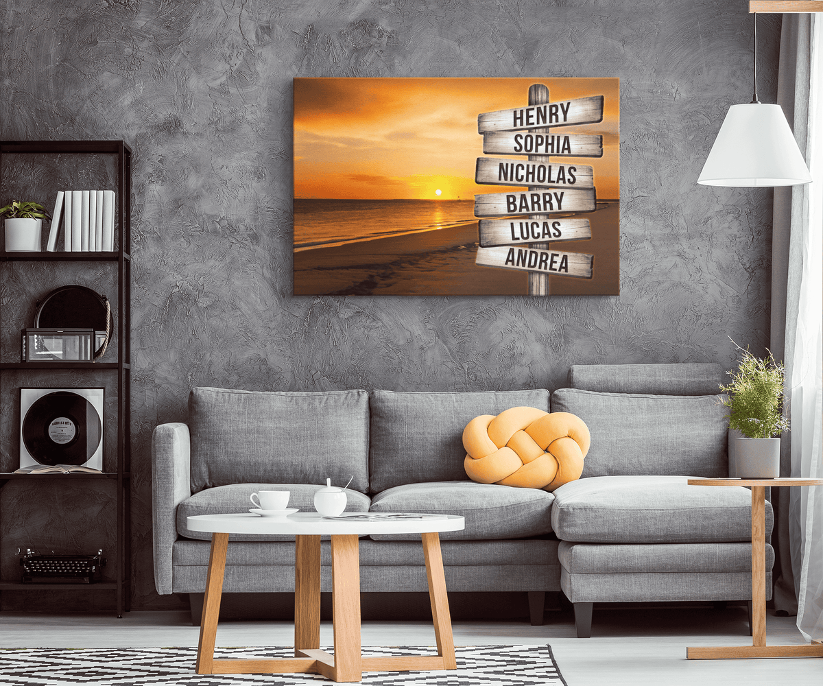 Personalized Sunset Beach - Names On Rustic Sign Premium Canvas
