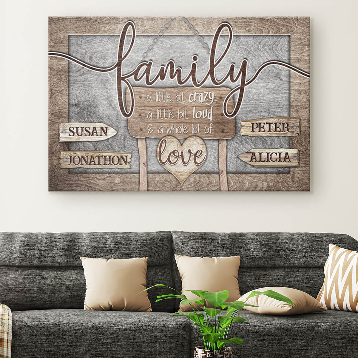 Personalized Family - Crazy Loud Love Wood Style Premium Canvas