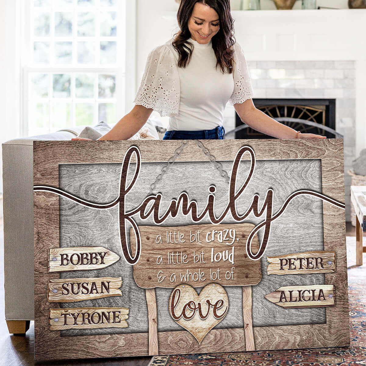 Personalized Family - Crazy Loud Love Wood Style Premium Canvas