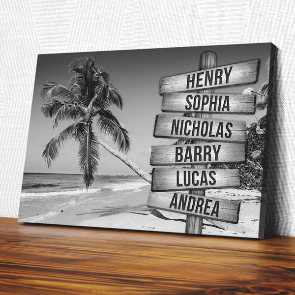 Personalized Palm Beach - Names On Sign Rustic Canvas Wall Art – Beach House Decor